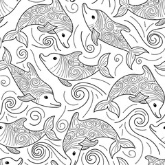 Obraz premium Bottlenose dolphin - antistress coloring book - vector linear picture for coloring. Sea animal - bottlenose dolphin - antistress for marine coloring book. Outline. Hand drawing.
