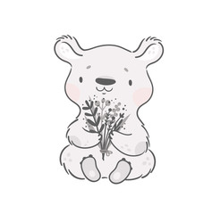 Cute  baby bear with flowers isolated on white background. Childish animal character vector illustration in pastel colors. Ideal for cards, poster, decoration, textile, print, book, calendar
