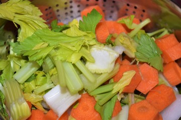 
Close-up of assorted vegetables, inside colander