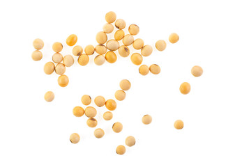 Soybeans isolated on a white background, top view.