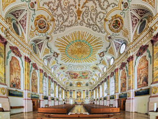 Interior of Burgersaal Church (Burgersaalkirche) in Munich, Germany. The Burgersaal was built in 1709-1710 by Giovanni Antonio Viscardi as a prayer and assembly hall. Since 1778 it is used as a church