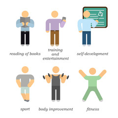 Icon set of people engaged in self-development during a pandemic and self-isolation. Simple cartoony performance of various actions at home. Isolated vector on a white background.