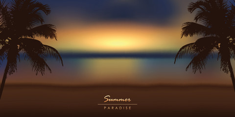 romantic summer paradise background sunset on the palm beach vector illustration EPS10