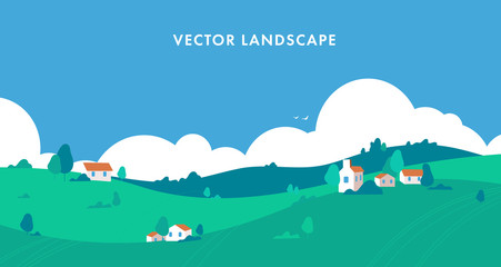 Panorama Mountain landscape with a dawn, an elongated format for the convenience of using it as a background. Flat style. With clouds, house and trees. vector illustration.
