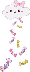 cute kawaii cartoon cloud character and candy rain on white background