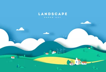 Foto auf Acrylglas Bunte Berg- und Dorfpapierschnitt-Stil-Hintergrund. Bauernhof mit Haus, Wolken und Bäumen. Vektor-Illustration © Vitaliy