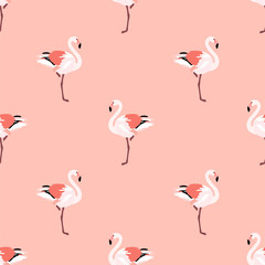 Obraz premium Minimalistic seamless pattern with bright flamingos. Decorative background with exotic bird