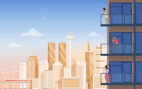 Apartment balcony with city view vector illustration. Cartoon flat couple people, man woman characters rest and relax, enjoy panoramic urban cityscape with beautiful modern building, office skyscraper