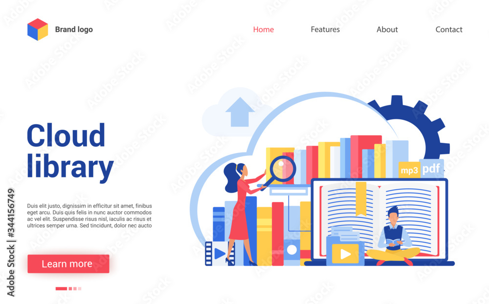 Poster Cloud library vector illustration. Cartoon flat tiny people reading online books, learning data information. Interface website design for digital file library, mobile education, web database storage