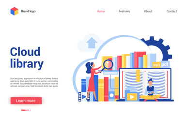 Cloud library vector illustration. Cartoon flat tiny people reading online books, learning data information. Interface website design for digital file library, mobile education, web database storage