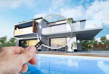 Maison 3D d'architecte moderne et contemporaine avec une magnifique piscine et une main qui examine et inspecte