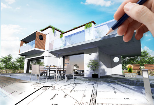 Esquisse de maison 3D d'architecte moderne et contemporaine avec plan et main qui dessine