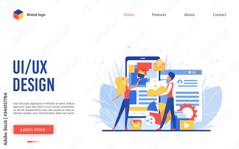 Poster Ui ux design app creation vector illustration. Interface website design with cartoon flat tiny people creators team, designer characters create, construct mobile application, wireframe development