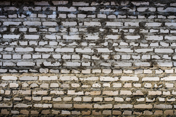 Background of an old, dirty, white brick wall with peeling plaster, painted walls, texture