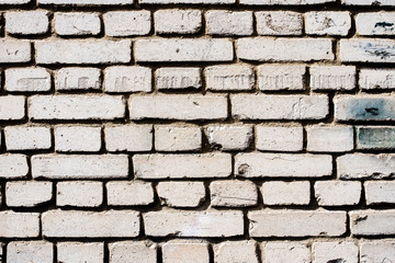 Background of an old, dirty, white brick wall with peeling plaster, painted walls, texture