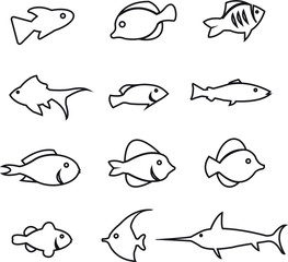 Vector icon set of various fish