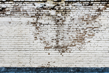 Background of an old, dirty, white brick wall with peeling plaster, painted walls, texture