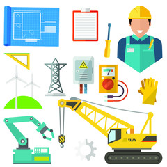 Engineering construction isolated icons set. Engineer worker, rubber gloves, triangular ruler, windmills, bulldozer tractor and loader, voltage measuring device and derrick, notebook and gear vector.