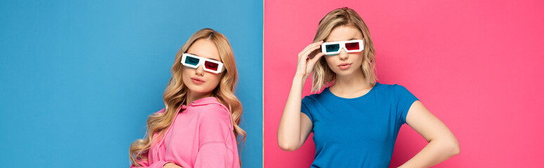 panoramic orientation of blonde girls in 3d glasses on pink and blue background