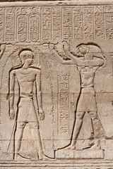 Hieroglyphic carvings on an ancient egyptian temple wall