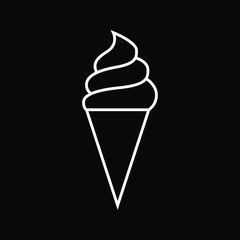 White ice cream in a cone outline icon on a black background. Vector stock icon.