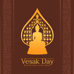 Vesak day banner with Golden buddha in around bodhi leaves frame on brown background vector design