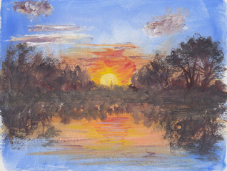 Gouache colorful painting with calm peaceful landscape. Sunset/sunrise with the river with trees silhouettes. Vibrant meditative nature. Serene sketch for decoration, relaxation, wallpaper background.