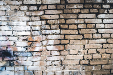 Background of an old, dirty, white brick wall with peeling plaster, painted walls, texture