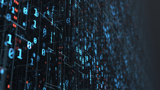 3D Rendering of blur binary data with dots and lines. Depth of field effect applied. Concept for big data, deep machine learning, artificial intelligence, business technology background