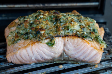 salmon fillet gratinated with herb crust 