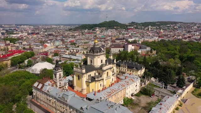 Aerial view on St. George's Cathedral in Lviv, Ukraine from drone