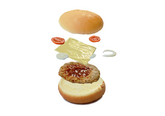 cheese hamburger stuffed grilled pork with slice tomato and onion dressing spicy sauce floating isolated on white background