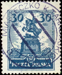 Miasteczko Śląskie (Miasteczko koło Tarnowskich Gór). Kasownik pocztowy (1932) odbity na znaczku pocztowym, przedstawiającym pomnik Jana III Sobieskiego (wówczas stojący we Lwowie, dziś w Gdańsku).