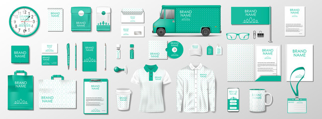 Corporate Brand Identity Mockup. Green color template design for organic shop. Realistic stationary, brochure, shirt, delivery van, mug blank mockup isolated. Vector