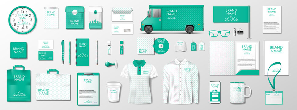 Corporate Brand Identity Mockup. Green color template design for organic shop. Realistic stationary, brochure, shirt, delivery van, mug blank mockup isolated. Vector