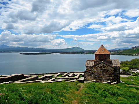 Panoramic view onto Surp Astvatsatsin church and Lake Sevan, Armenia. Sevanavank monastery complex & lake are most of popular tourist attractions near Yerevan. It was founded in 874 AD.