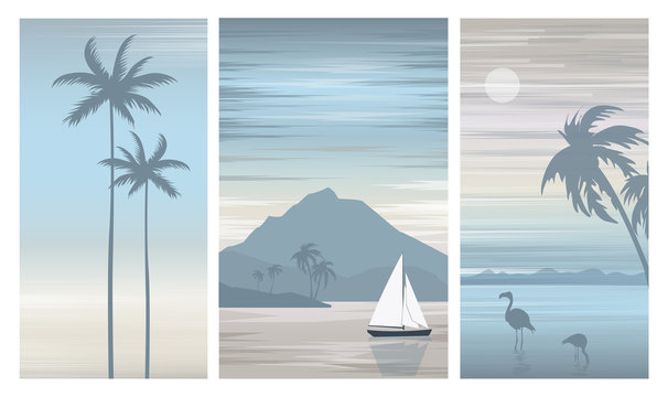 Set vector illustration of a beautiful seascape with a sailboat,palm trees and flamingos.