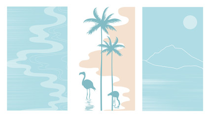 Fototapeta na wymiar Set vector illustration of a beautiful seascape with a palm trees and flamingos.