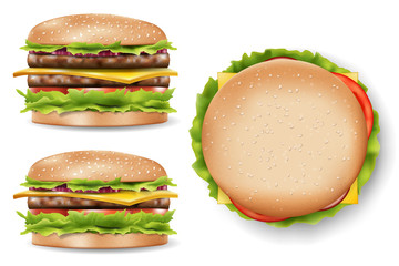 Attractive Burger for your design, delicious cheeseburger mockup side and top view. Realistic Burger with refreshing ingredients. 3d Vector illustration
