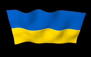 The flag of Ukraine on a dark background. National flag and state ensign. Blue and yellow bicolour. 3D illustration waving flag