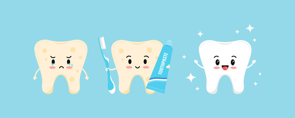 Cute tooth with yellow plaque becomes white and healthy tooth with help of toothpaste, toothbrush.
