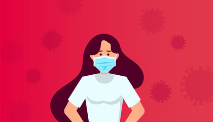 Woman or girl in protective medical mask and around her coronavirus molecule on a red background