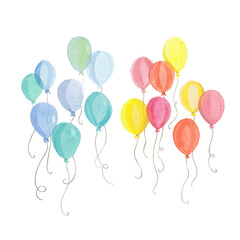 Watercolor air balloons. Hand-drawn illustration isolated on white.