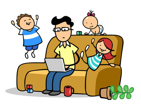 father working laptop kids playing couch clip art preview
