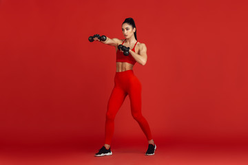 Fototapeta na wymiar Strong. Beautiful young female athlete practicing in studio, monochrome red portrait. Sportive fit brunette model with weights. Body building, healthy lifestyle, beauty and action concept.