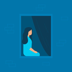 Girl sits at home and looks out of window in evening or at night. Lonely young woman isolated on quarantine at home. Vector blue illustration