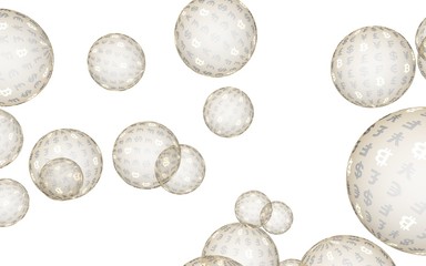 Bitcoin economic financial bubble. crypto currency 3D illustration. Business concept. Gold bubbles on white background. Bit, Coin, mining concept