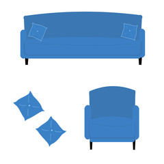Set blue sofa with pillows, an armchair and two pillows. Drawn in flat style. Vector stock illustration isolated on a white background. To create a design, interior design concepts