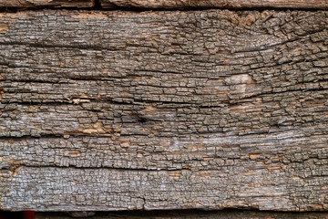 Fragment of old rough rough wooden board closeup. Lots of cracks, dust. The material of the wood has become gray in time