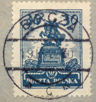 Bircza. Kasownik / datownik pocztowy (1932) odbity na znaczku pocztowym, przedstawiającym pomnik Jana III Sobieskiego (w&oacute;wczas stojący we Lwowie, dziś w Gdańsku).